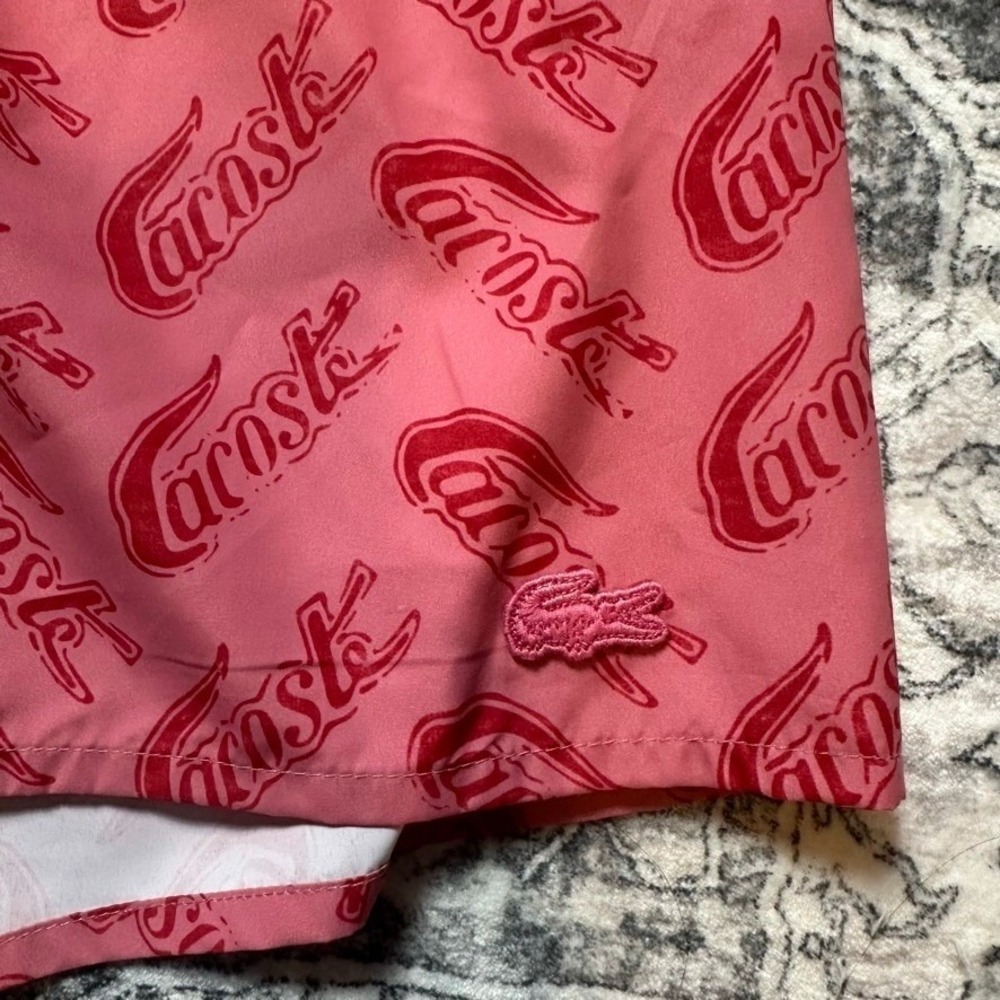 Lacoste Script Logo Print Swim Trunks Pink Lighthouse Red XL Board Shorts - Picture 3 of 8